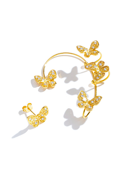 Brinco Ear Cuff Encaixe com Borboletas com Zircônias
